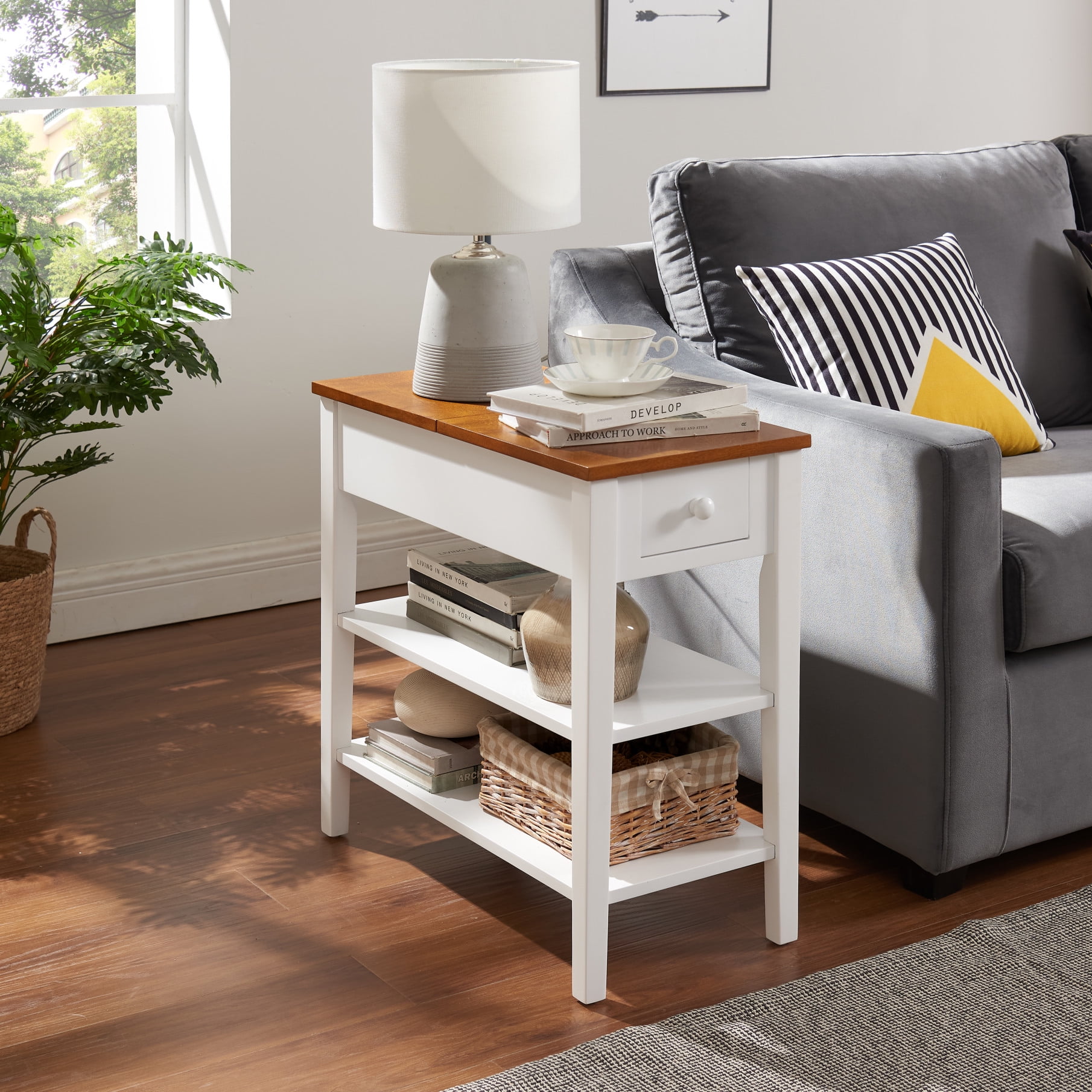 Narrow 2 tone End Table Nightstand with USB Charging Ports Drawer Flip open Top 2 Tier Shelves and Solid Wood Legs Side Table for Small
