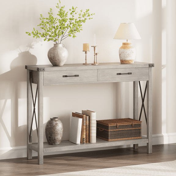Narrow 31" Console Table for Entryway or Hallway – 2 Drawer Wood Side Table with Open Shelf – Industrial & Rustic Sofa Table for Living Room,Gray