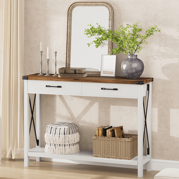 Narrow 31" Console Table for Entryway or Hallway – 2 Drawer Wood Side Table with Open Shelf – Industrial & Rustic Sofa Table for Living Room,White