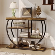 Narrow 4-Tier Console Table with Circle Base - Rustic Wood Sofa Table with Storage Shelves for Entryway, Behind Couch, Living Room & Hallway