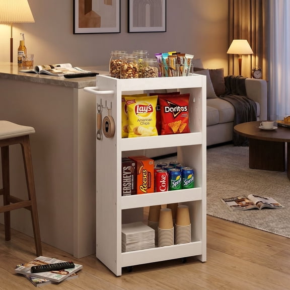 Narrow 4-Tier Wood Rolling Storage Cart, Slim Mobile Organizer for Kitchen, Bathroom, Laundry ,White