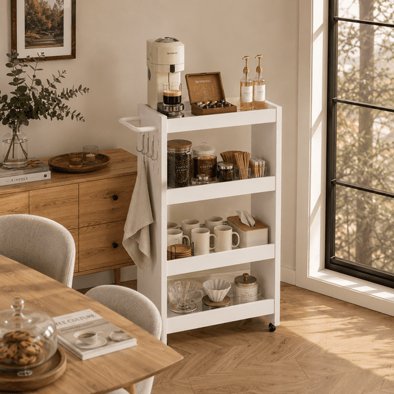 LIKIMIO 15.7" Rolling Kitchen Storage Cart with Wheels, Wooden Slim Pantry Organizer, 3-Tier Utility Cart with Handle, Hooks & Lockable Casters, White