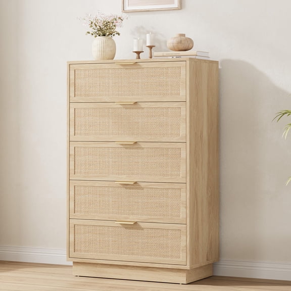 Narrow 5-Drawer Rattan Dresser, MDF & PB Tall Storage Chest, Fluted Woven Front, Wide Tabletop, Anti-Tip Design, Easy-Glide Drawers, 29.9" W x 15.7" D x 46.8" H, Natural Wood Color