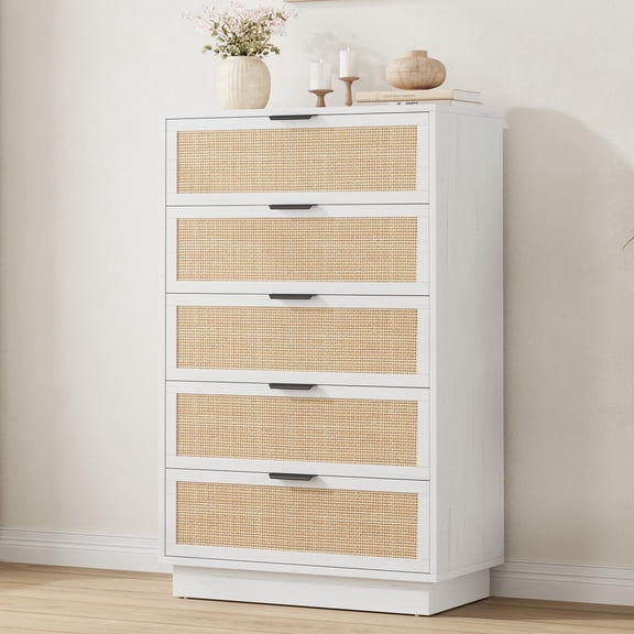Narrow 5-Drawer Rattan Dresser, MDF & PB Tall Storage Chest, Fluted Woven Front, Wide Tabletop, Anti-Tip Design, Easy-Glide Drawers, 29.9" W x 15.7" D x 46.8" H, White