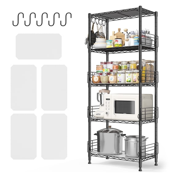 Narrow 5-Tier Storage Rack for Small Spaces,Adjustable Slim Storage Shelf with 4.7" Side Guards,Shelf Liners & Hooks,Pantry Organizer for Kitchen Bathroom & Closet,21.7"W x 13.8"D x 59.1"H