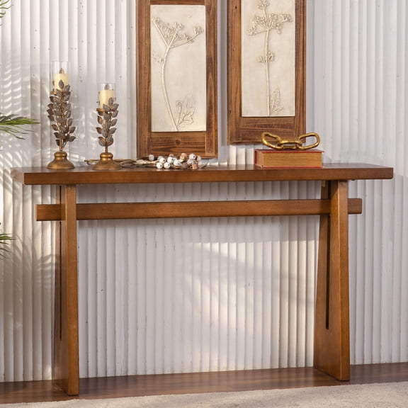 Narrow 55 Inch Walnut Brown MDF Console Table, Minimalist Rustic Sofa Table with Double Support Frame for Hallway Foyer Living Room