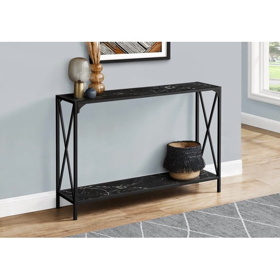 Narrow Accent Table for Sofa, Living Room & Bedroom, Black Marble Look, Black Metal, 2-Tier Console