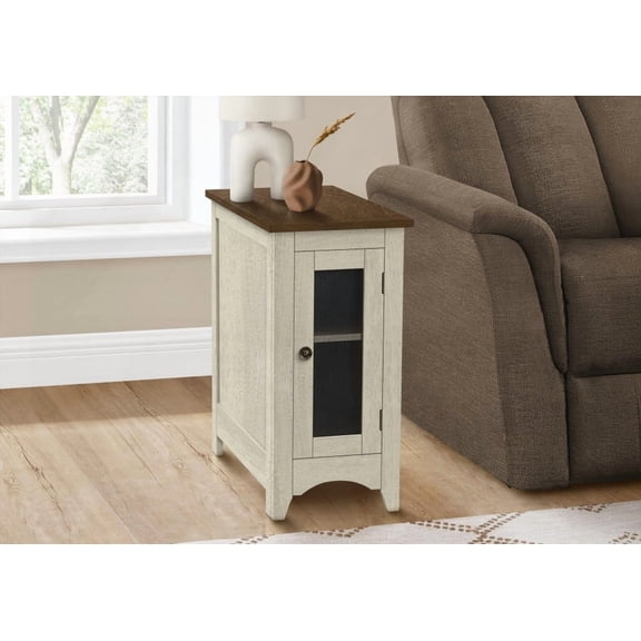 Narrow Accent Table with Antique White & Brown Veneer for Bedroom & Living Room