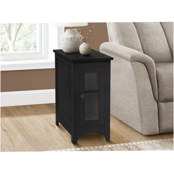 Narrow Accent Table with Storage Cabinet, Black Finish Small End Table or Nightstand for Living Room and Bedroom