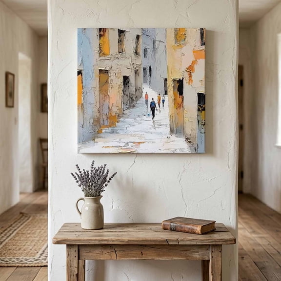 Narrow Alleyway Canvas Wall Art for Living Room Bedroom Bathroom, Rustic Vintage Beige Buildings Walking Figures Canvas Art Wall Decor, Artwork for Walls Home Office Decor, 8"x8"
