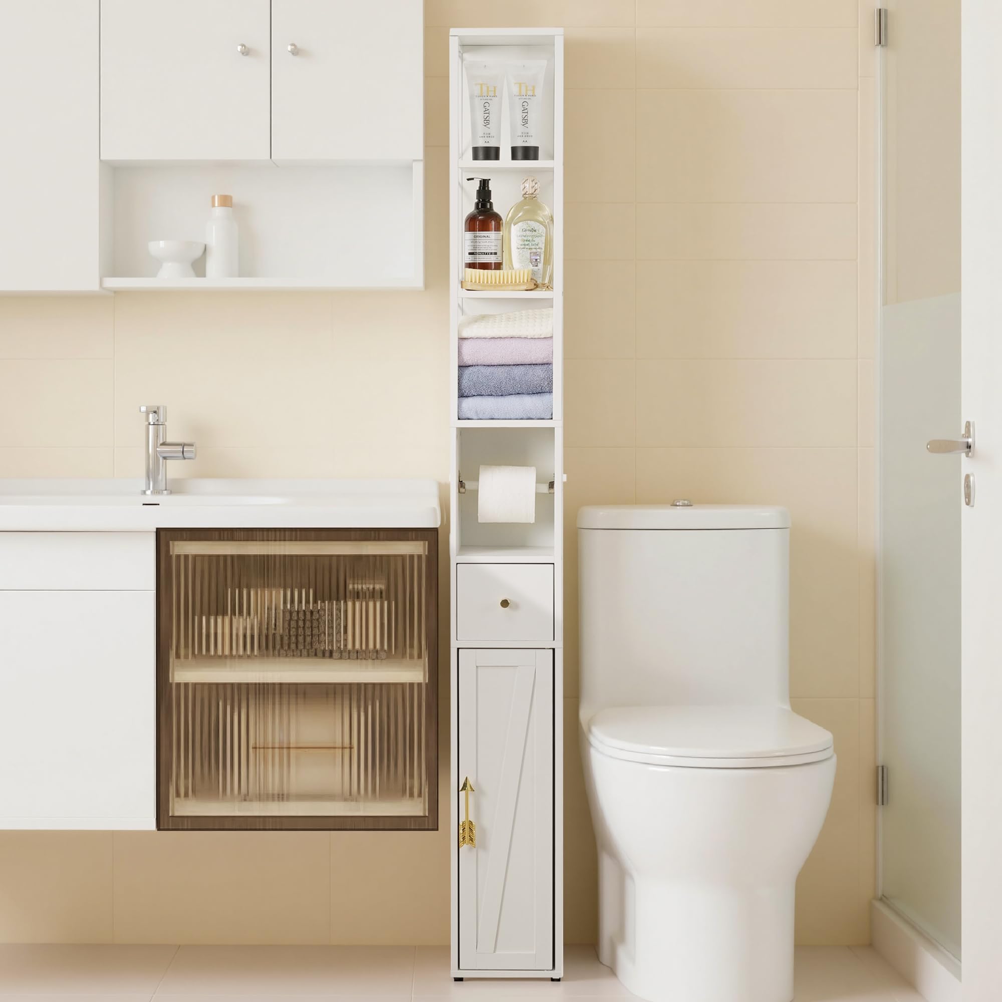 Diowewea Toilet Storage Cabinet – Slim 8 Inch Deep, 40 Inch Tall PVC Cabinet – Over-the-Toilet Organizer With Paper Dispenser, Open Shelves, Top Platform – Tool-Free Assembly – White