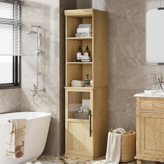 Narrow Bathroom Cabinet, 70" H Tall Slim Storage Cabinet with Glass Door and Open Shelves, Freestanding Storage Cabinets for for Small Spaces,Laundry Room, Living Room, Kitchen