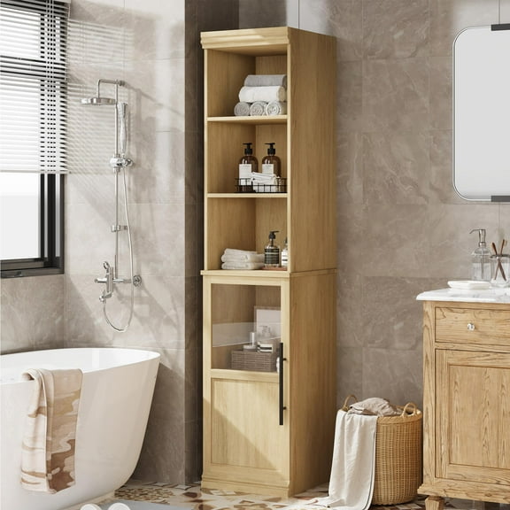 Narrow Bathroom Cabinet, 70" H Tall Slim Storage Cabinet with Glass Door and Open Shelves, Freestanding Storage Cabinets for for Small Spaces,Laundry Room, Living Room, Kitchen