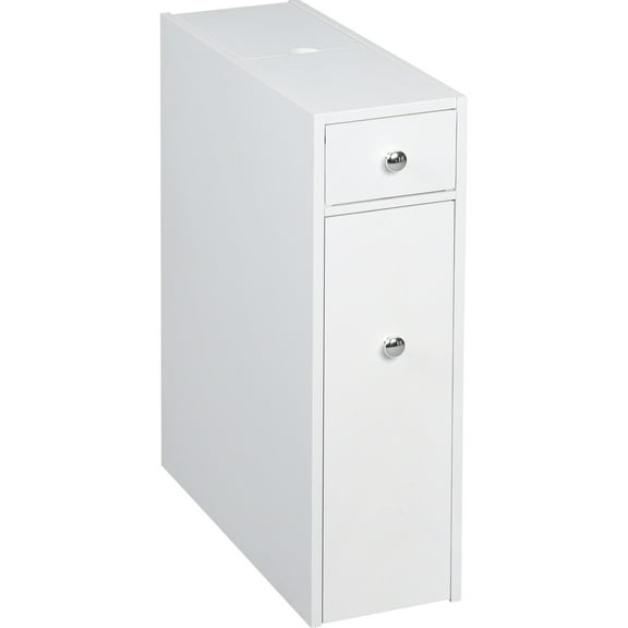 Narrow Bathroom Cabinet In White, Modern Style With Ample Storage For Toiletries And Cleaning Items, Space Saving, Material Wooden - With & Supplies,