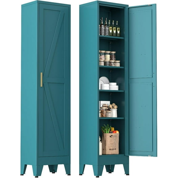 Narrow Bathroom Metal Storage Cabinet with 4 Adjustable Shelves, Freestanding 5 Tier Slim Pantry Storage Cabinet for Small Space, Blue