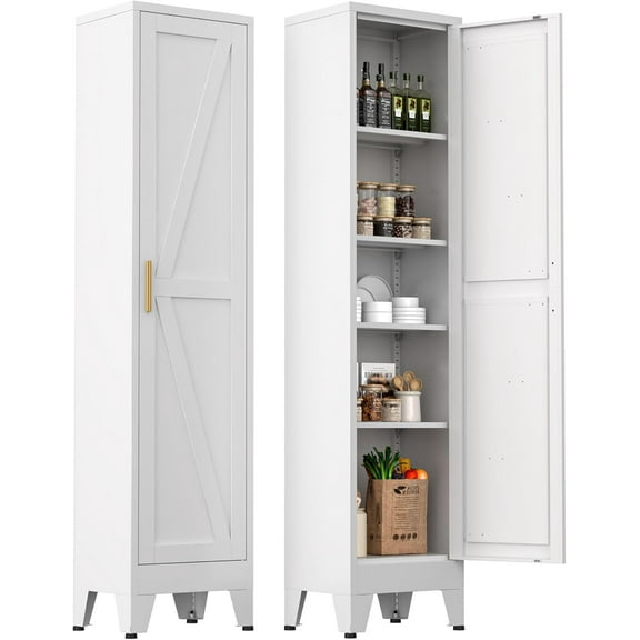 Narrow Bathroom Metal Storage Cabinet with 4 Adjustable Shelves, Freestanding 5 Tier Slim Pantry Storage Cabinet for Small Space, White