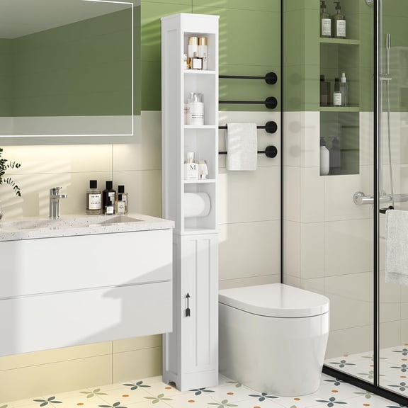 Narrow Bathroom Storage Cabinet with 3 Adjustable Shelves, 71" Tall Freestanding Cabinet with Toilet Paper Holder, Slim Tower Cabinet with Magnetic Door, for Small Spaces, White