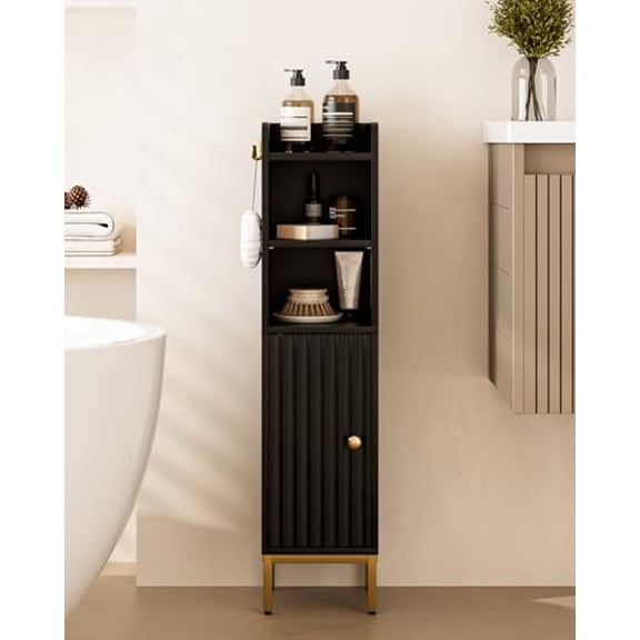 Narrow Bathroom Storage Cabinet, 33.2" H Thin Free Standing Floor Organizer with Door & Shelves, Black Slim Toilet Paper Holder Stand, Cabinet Organizer for Tight Small Spaces