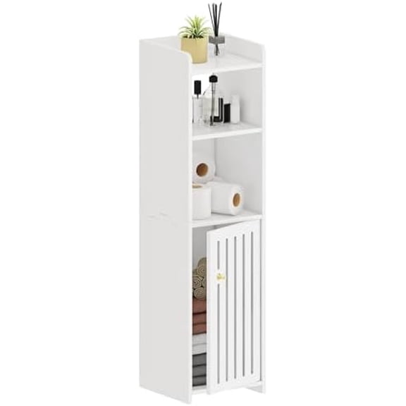 Narrow Bathroom Storage Cabinet, 4-Tier Slim Bathroom Organizers with Door and Open Shelf for Toilet Bathroom Small Spaces (7.9" D x 7.9" W x 31.5" H)