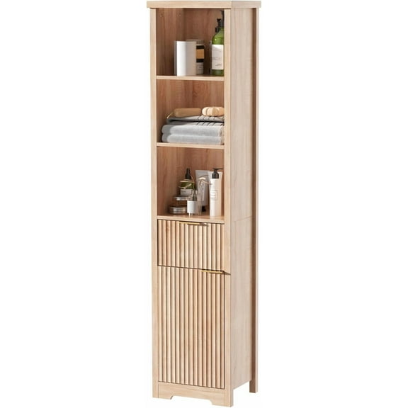 Narrow Bathroom Storage Cabinet, 68’’ Slim Tall Fluted Storage Cabinet with Adjustable Shelves & Drawer for Bathroom, Kitchen, Living Room, Entryway, Natural Oak