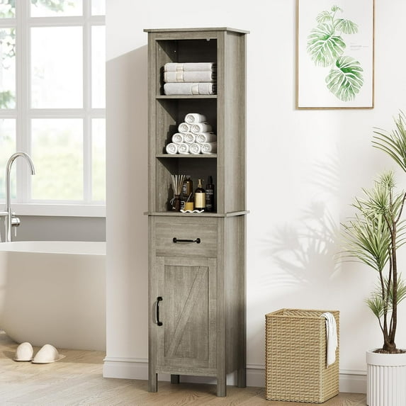 Narrow Bathroom Storage Cabinet, Bookcase with Adjustable Shelves, Farmhouse Cabinet for Bathroom, Living Room, Grey