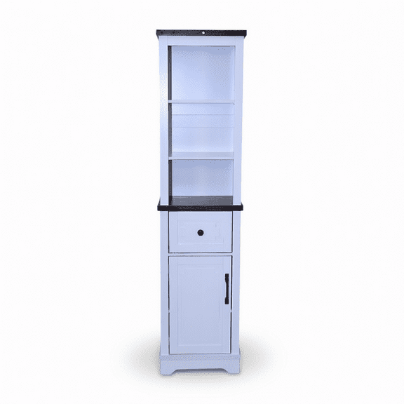 Narrow Bathroom Storage Cabinet, Farmhouse Tall Linen Tower with 3 Adjustable Shelves & Drawer, White Body with Black Walnut Top, Slim Corner Cabinet for Bathroom Living Room