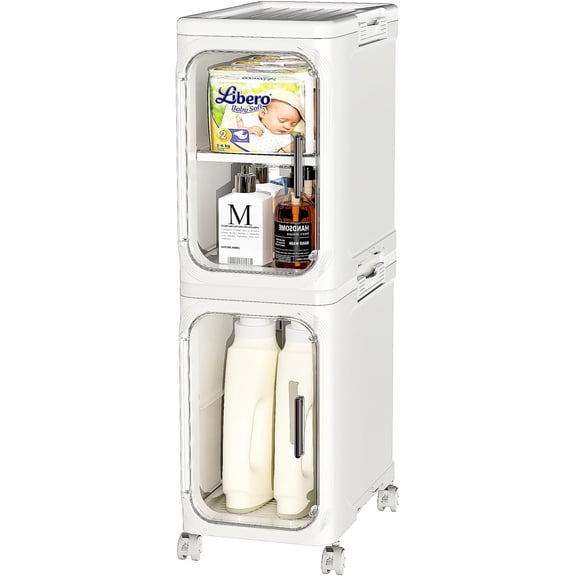 Narrow Bathroom Storage Cabinet with Movable Wheels, Slim Storage Cabinet with 2 Doors & Removable Panel, Skinny Bathroom Organizers and Storage for Small Space, Corner, Kitchen, Laundry