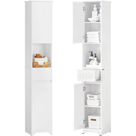 Narrow Bathroom Storage Cabinet, Tall Slim Bathroom Organizers and Storage for Small Spaces, Freestanding Skinny Cabinet with Doors and Shelves for Tight Corners, White BZR109-W
