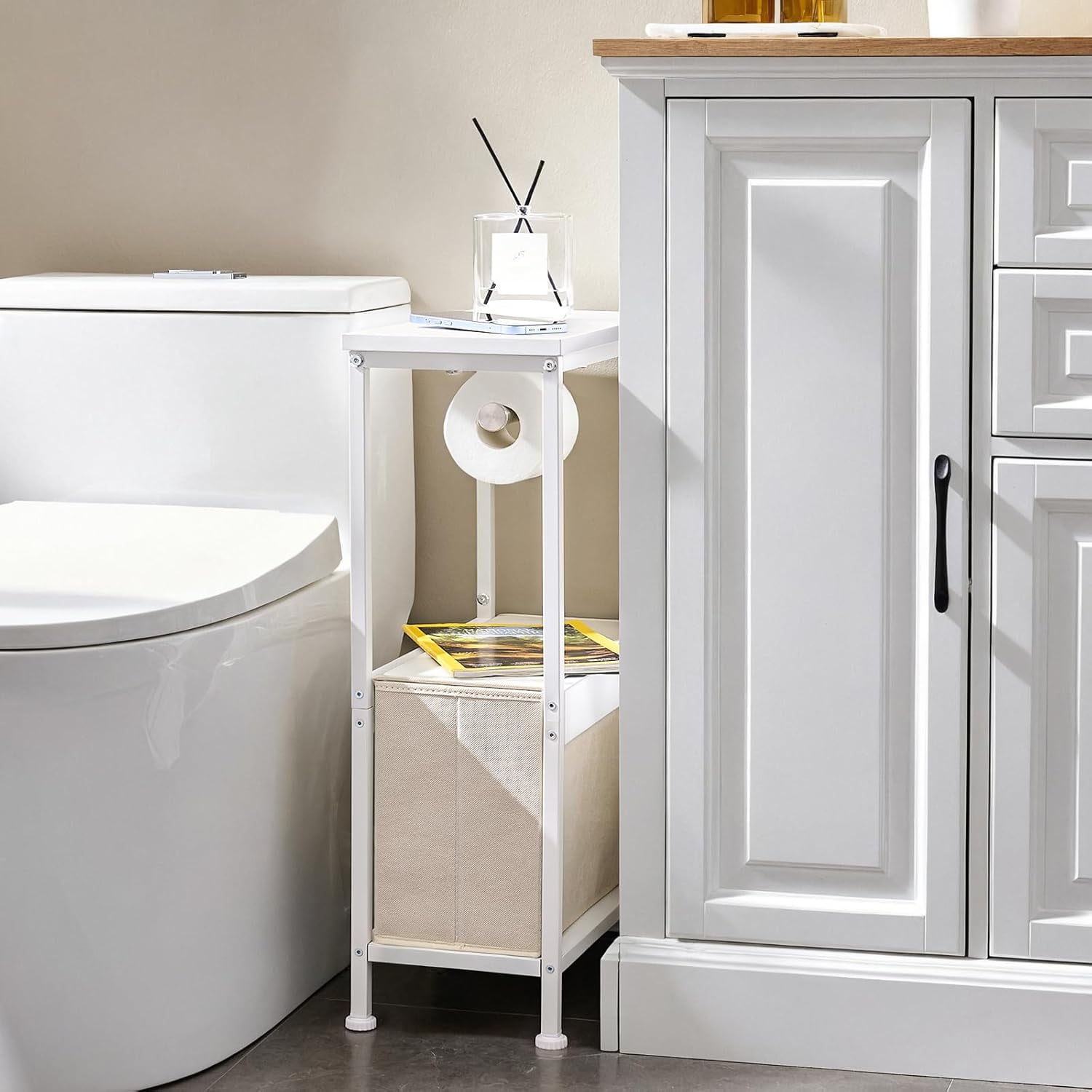 Narrow Bathroom Toilet Paper Storage Cabinet Organizer with Tissue Holder, Fabric Drawer Bin for Small Spaces