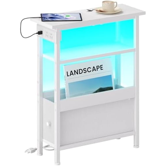 Narrow Bedside Table with Charging Station and LED Light, Skinny Nightstand with USB Ports & Type-C, End Table with 1 Fabric Drawer, Slim Side Table for Bedroom, Nursery, Living Room, White