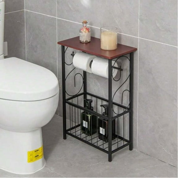 Narrow Black Side Table with Paper Holder & Storage Basket - Steel Frame End Table for Small Space Living Room Bedroom Bathroom Toilet