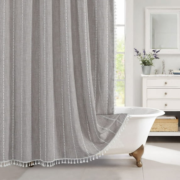 Narrow Boho Farmhouse Shower Curtain, Grey Cotton Linen, 36x72 inches, Half Size Stall, Wrinkle-Resistant, Perfect for Small Bathrooms