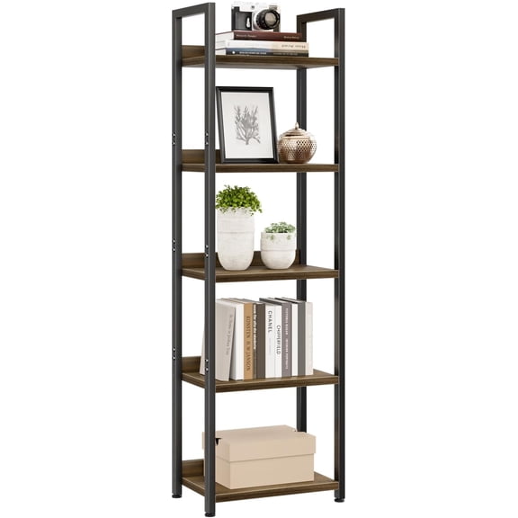 Narrow Bookshelf, 5 Tier Bookshelves, Home Office Bookcase Shelf Storage Organizer, Free Standing Storage Shelving Unit for Bedroom, Living Room and Home Office, Dark Walnut