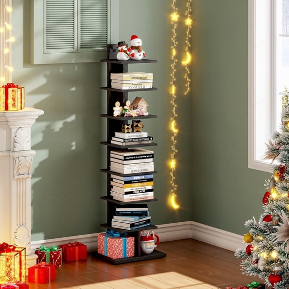 Narrow Bookshelf, 8-Tier Bookcase, Spine Book Shelf for Small Space, Corner Standing Shelf for Living Room, Office, Study, Entryway, Black BS06BK008