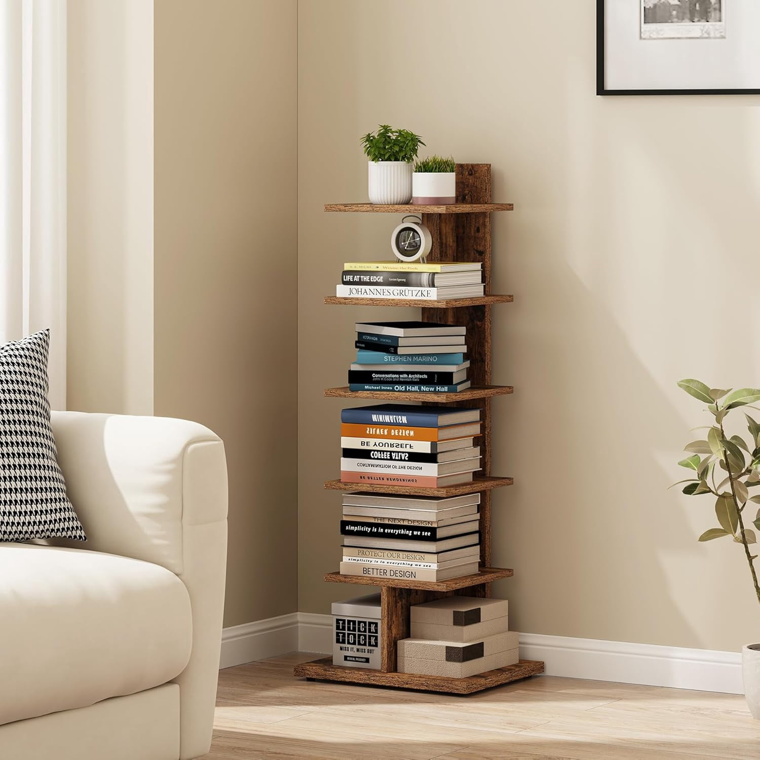 Narrow Bookshelf 8-Tier Bookcase Spine Book Shelf for Small Space ...