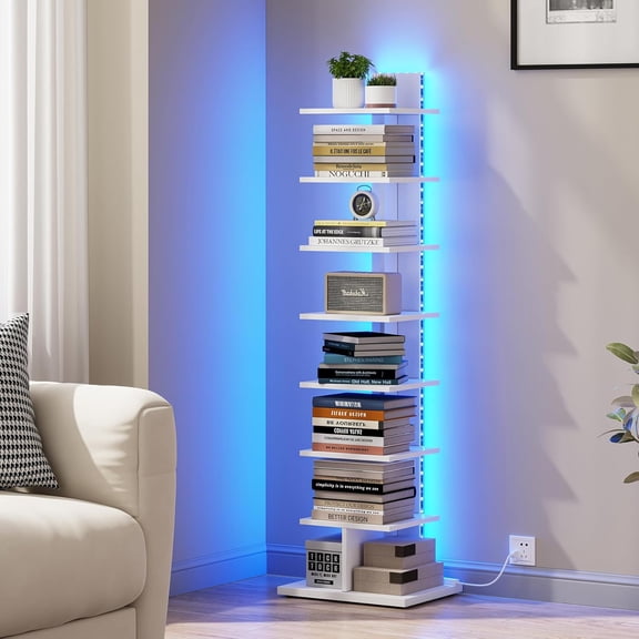 Narrow Bookshelf, 8-Tier Bookcase with LED Lights, Spine Book Shelf for Small Space, Corner Standing Shelf for Living Room, Office, Study, Entryway