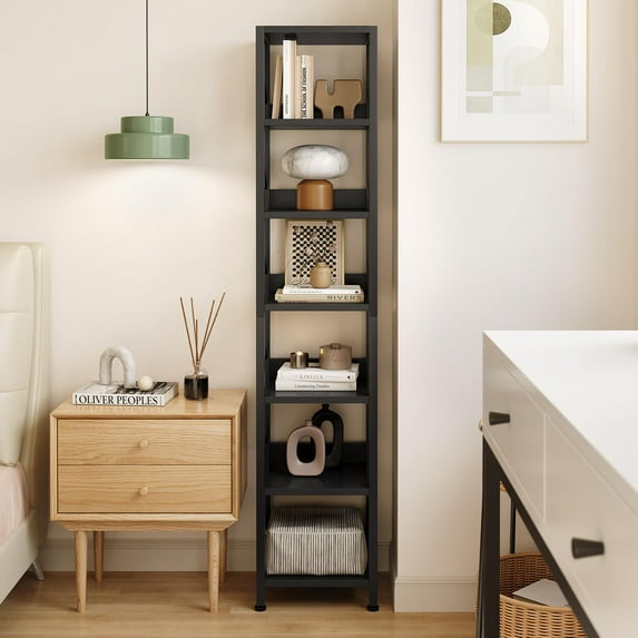 Narrow Bookshelf Tall Skinny Bookcase 6 Tier Storage Rack Rustic Corner Shelf Metal Frame Small Freestanding Bookshelves Industrial Display Stand for Bedroom, Living Room, Home Office