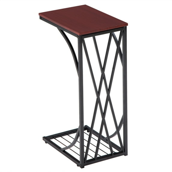 Narrow C-Shape Side Table Sofa Table with Rustic Brown Tabletop and Lower Storage Shelf, Metal Slim Coffee Table with Cross Line, 12'' x 8.27'' x 21.26''