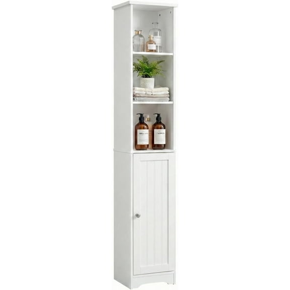 Narrow Cabinet, 67" Tall Slim Bathroom Storage Cabinet 12" Wide White Skinny Linen Cabinet with 3 Open Shelves Single Door Adjustable Shelf Space Saving Corner Pantry