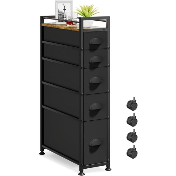 Narrow Cabinet Slim Storage Cart for Bathroom Small Space, Black | 5 Tiers Skinny Rolling Organizer Shelf with Sturdy Fabric Drawers, Lightweight Mobile on Wheels, Between Washer and Dryer