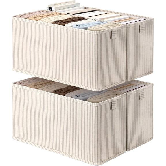 Narrow Closet Baskets with 6"Lx14Wx8H, 4-Pack, Khaki Stripe Khaki Stripe