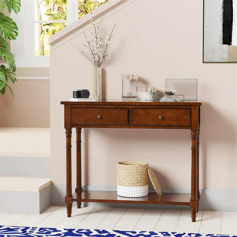Solid Wood Console Table Classic Entryway Table with 2 Storage Shelf 3  Drawers