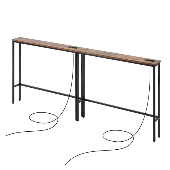 Narrow Console Table 2 Pack, Behind Couch Table with Power Outlets, Long Entryway Table, Sofa Table with Metal Frame & Charging Station