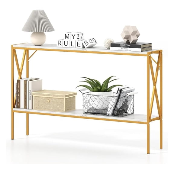 Narrow Console Table 2-Tier, 47 Faux Marble Entryway Table with Storage, 2 Support Bars, Behind Couch Modern Accent Tables, Long Sofa Table for Living Room, Foyer, Hallway, +White