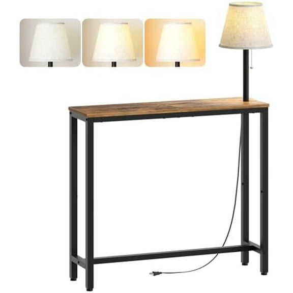 Narrow Console Table, 29.5" Behind Couch Table, Small Entryway Table with Light, Thin Sofa Table for Entrance, Hallway, Foyer, Living Room, Rustic Brown and Black CT75DBR$$Furniture