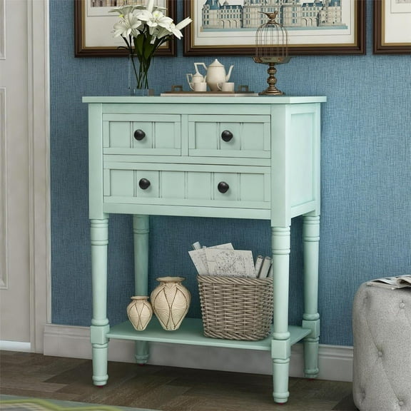 Narrow Console Table with 3 Storage Drawers, 13" D x 23.7" W x 31.1" H Wooden End Table, Small Entryway Table Antique Sofa Table for Living Room Bedroom Hallway Front Hall, Retro Blue