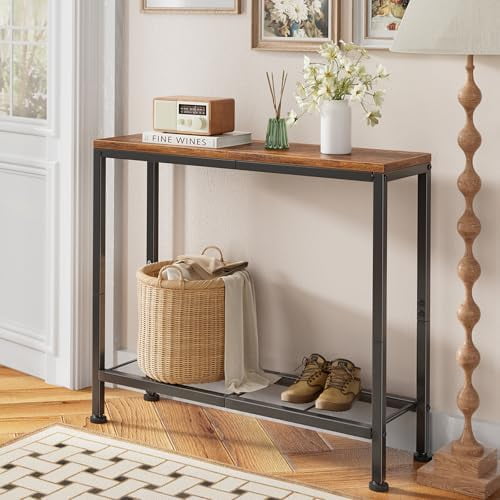 Narrow Console Table, 32" Entryway Table, Couch Sofa Side Table with Storage Shelf, for Display, Living Room, Hallway, Rustic Brown$$Furniture