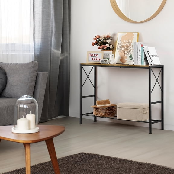 Narrow Console Table 41" Behind Couch Table Skinny Small Entryway Table, Black Wood Console Table with Metal Frame, Industrial Hallway Table for Entryway, Living Room, Foyer, Wood Sofa Table