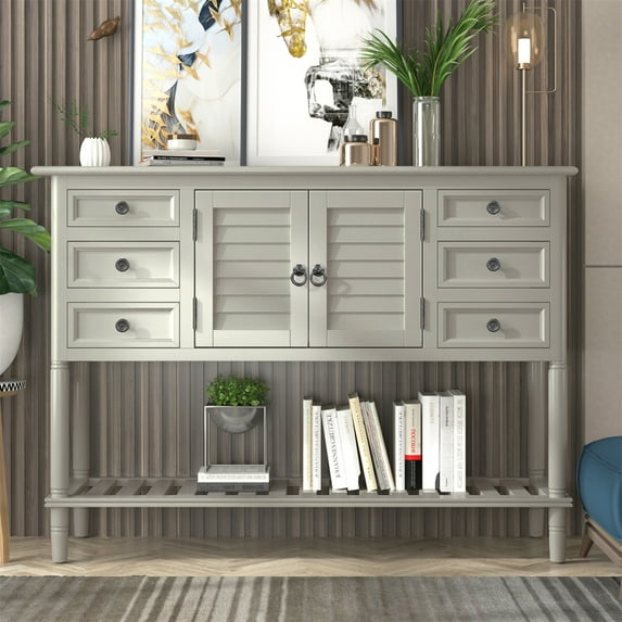 Narrow Console Table with 6 Drawers & 2 Shutter Doors & Bottom Shelf, Modern Solid Wood Accent Sideboard Buffet Storage Cabinet with Elegant Legs and Metal Handles Living Room Sofa Side Table Greige