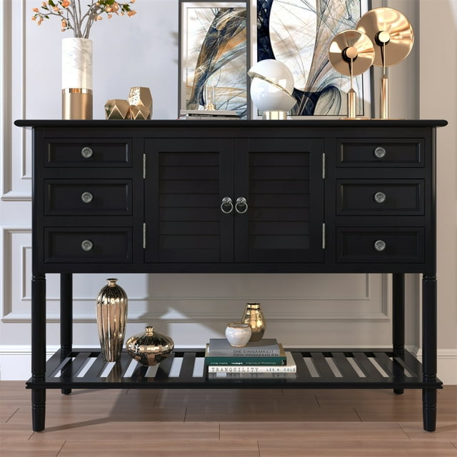 Narrow Console Table with 6 Drawers & 2 Shutter Doors & Bottom Shelf, Modern Solid Wood Accent Sideboard Buffet Storage Cabinet with Elegant Legs and Metal Handles, Living Room Sofa Side Table Black